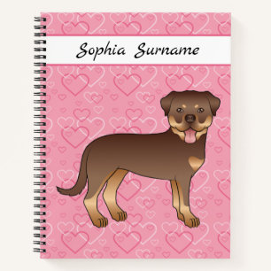 Carnet Rottweiler rouge et fauve sur cœurs roses et texte