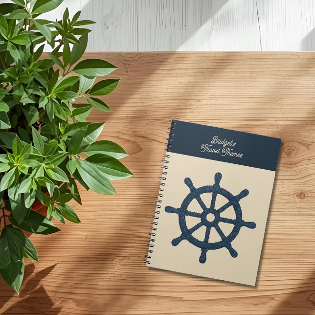 Carnet roue de navire de marine avec nom beige Voyage côt (Créateur téléchargé)