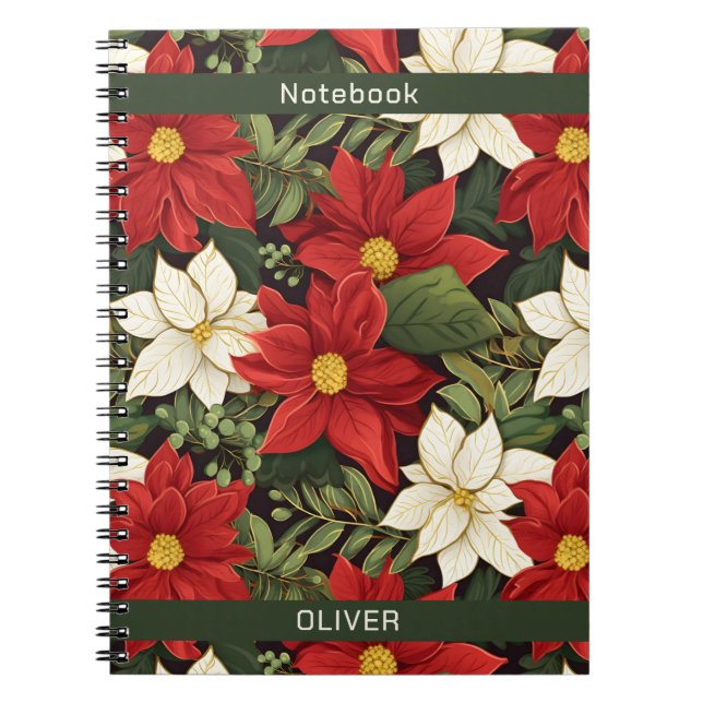 Carnet Rouge Blanc Vert Poinsettia Fleurs Nom Motif (Devant)
