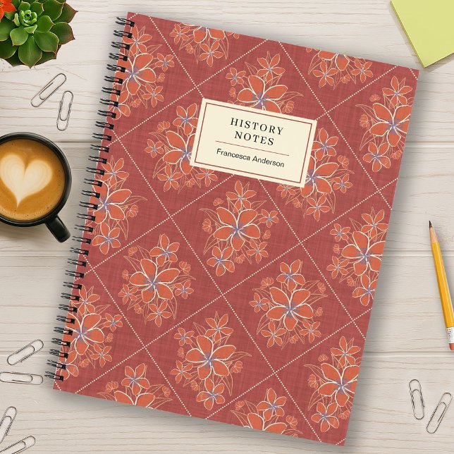 Carnet Rouge Boho Chic Lin Texturé Floral Université Pers (Créateur téléchargé)