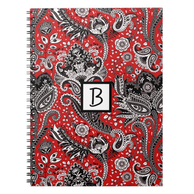 Carnet Rouge noir et blanc Floral Paisley Bohemian Boho (Devant)