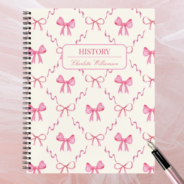 Carnet Ruban Rose Coquette (cute pink bow coquette notebook with customizable name and subject, back to school essentials)