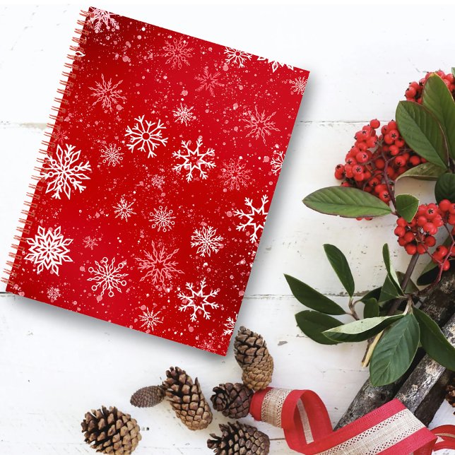 Carnet Ruby Rouge Festif Noël Flocons de Neige Blancs  (Créateur téléchargé)