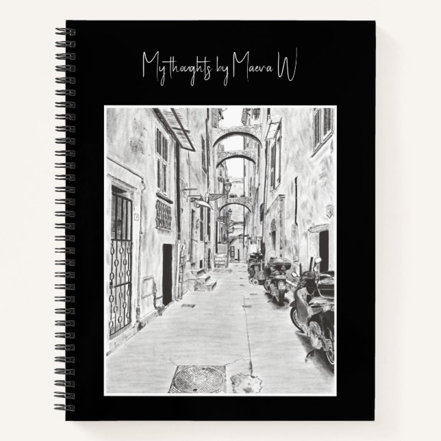 Carnet Rue italienne étroite - dessin au crayon noir et b (Devant)