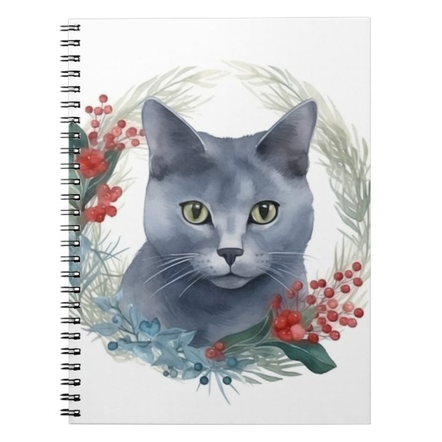 Carnet Russe Blue Chat Noël Wreath Festive Kitten (Devant)