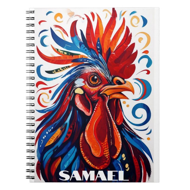 Carnet Rustic Country Folk Rooster Poulet Rouge Bleu Nom (Devant)