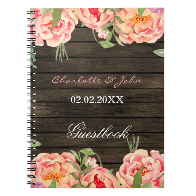 Carnet Rustic Country Peony Grange Mariage bois (Devant)