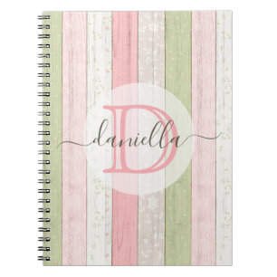 Carnet Rustic Sage Green & Pink Floral Wood Personalized