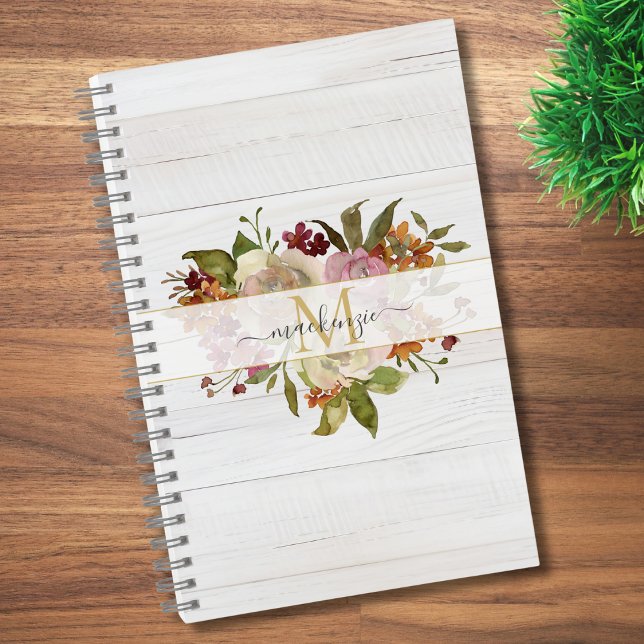 Carnet Rustic Watercolor Rose Bouquet Monogram (Créateur téléchargé)