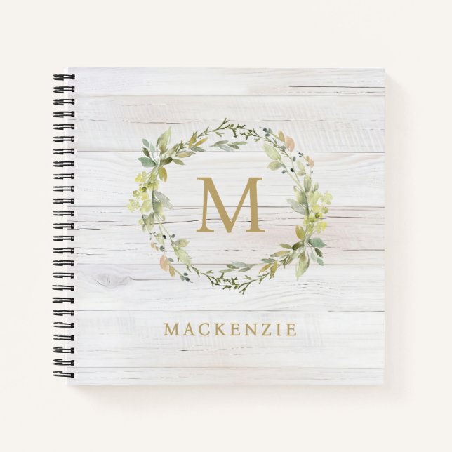 Carnet Rustic Wood Floral Watercolor Monogram (Devant)