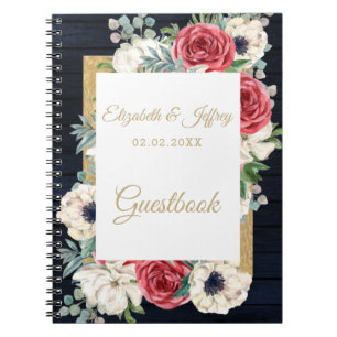 Carnet Rustic Wood Navy Burgundy Gold Floral Mariage