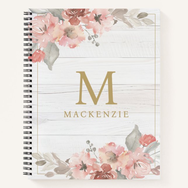 Carnet Rustic Wood Pink Floral Watercolor Monogram (Devant)