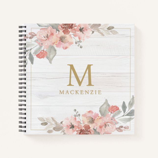 Carnet Rustic Wood Pink Floral Watercolor Monogram (Devant)