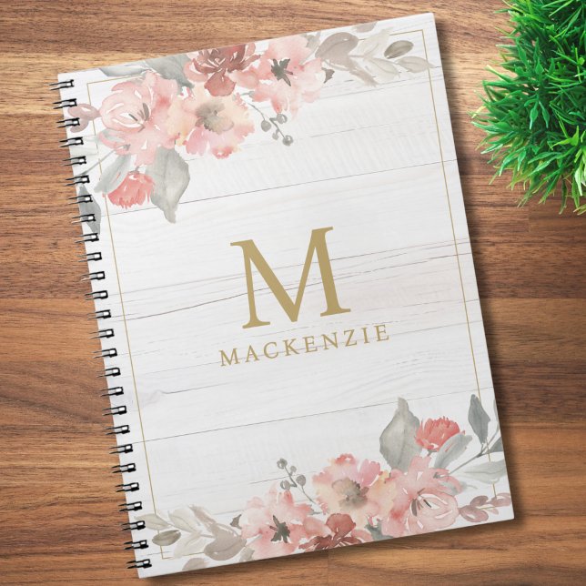 Carnet Rustic Wood Pink Floral Watercolor Monogram (Créateur téléchargé)