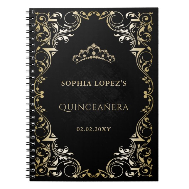 Carnet Rustique Black Gold Princesse Tiara Quinceanera (Devant)