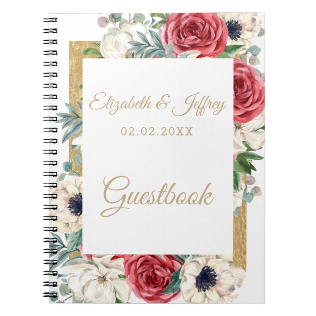 Carnet Rustique Elegant Rouge et or Floral Blanc Mariage (Devant)