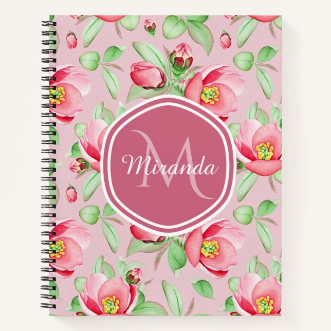 Carnet Sage à Fleur de Cerisier Monogramme Nom (Devant)