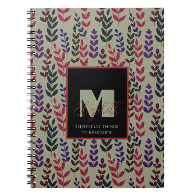 Carnet Sage botanique Vert rose Monogramme Nom personnali (Devant)