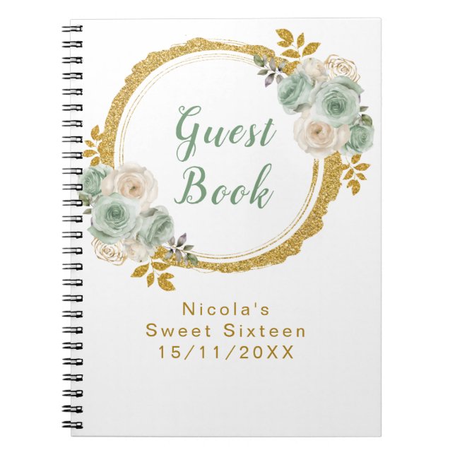 Carnet Sage Green and Gold Elegant Flowers Sweet Sixteen (Devant)