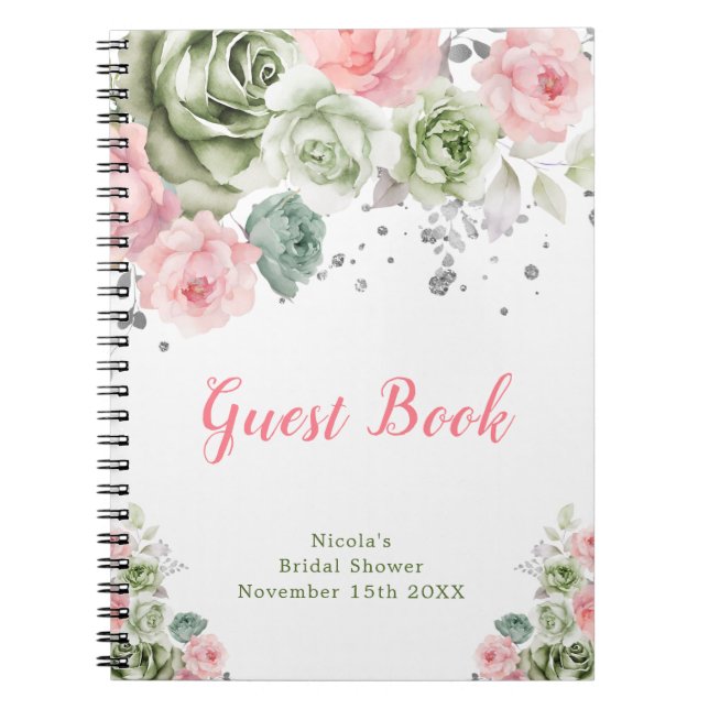 Carnet Sage Green and Pink Floral Bridal Guest Book (Devant)