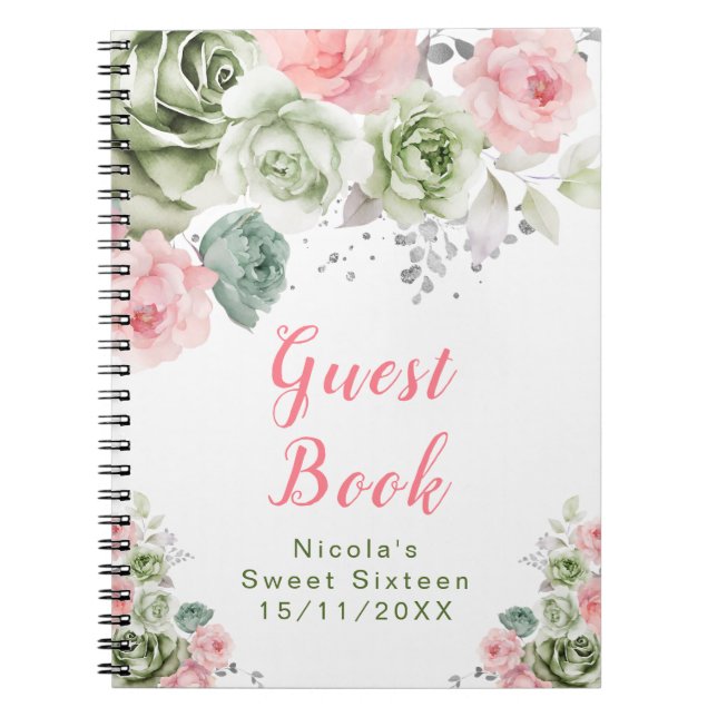 Carnet Sage Green and Pink Floral Sweet Sixteen (Devant)