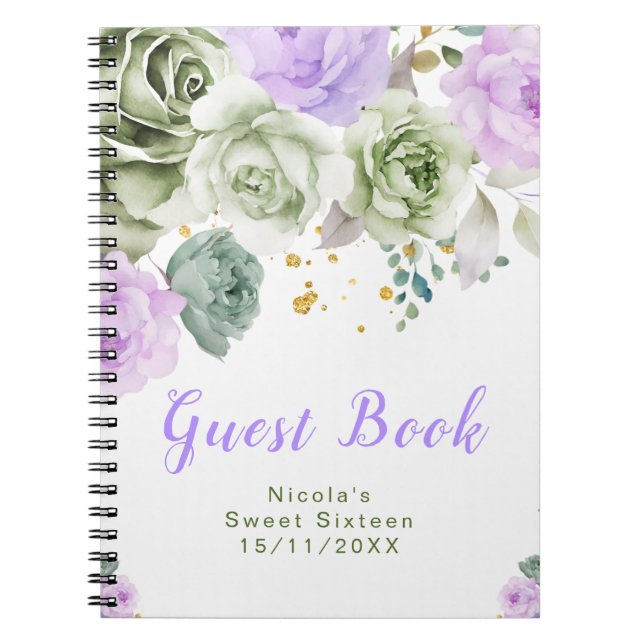 Carnet Sage Green and Purple Floral Sweet Sixteen (Devant)