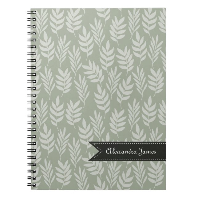Carnet Sage Green Élégant Feuille Motif Avec Nom (Devant)