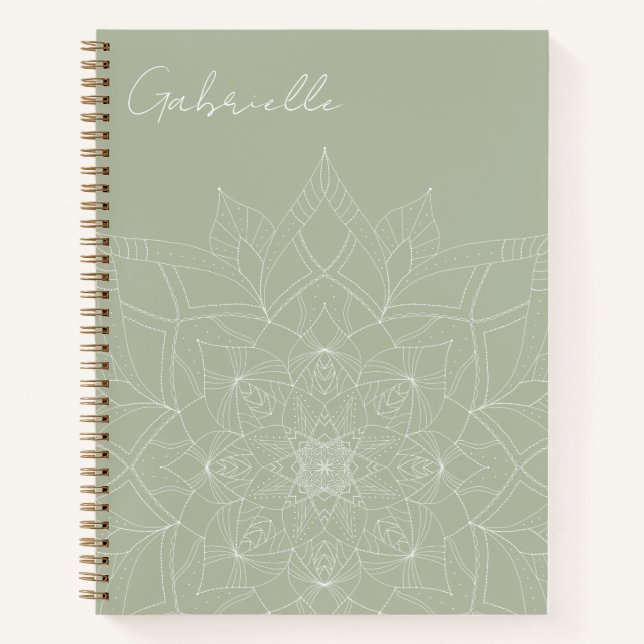 Carnet Sage Green Élégant Mandala Nom Personnalisé Yoga (Devant)