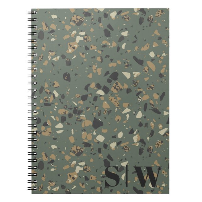 Carnet Sage moderne vert Tan Terrazzo Initiales Monogramm (Devant)
