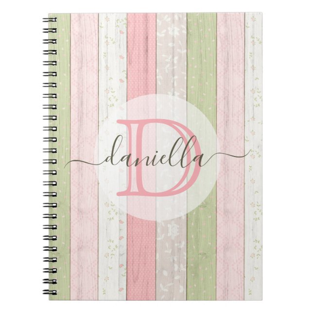 Carnet Sage rustique Vert & Rose Floral Bois Personnalisé (Devant)