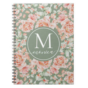 Carnet Sage Vert Floral Aquarelle Rose Motif Monogramme