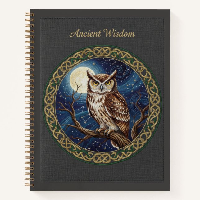 Carnet Sagesse antique brodée Chouette & Lune Céleste (Devant)