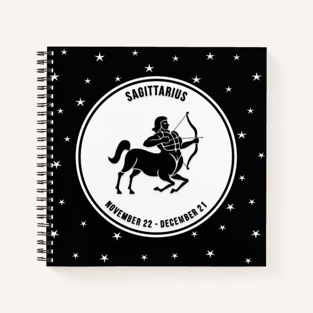 Carnet Sagittarius signe Zodiac, bloc-notes noir et blanc (Devant)