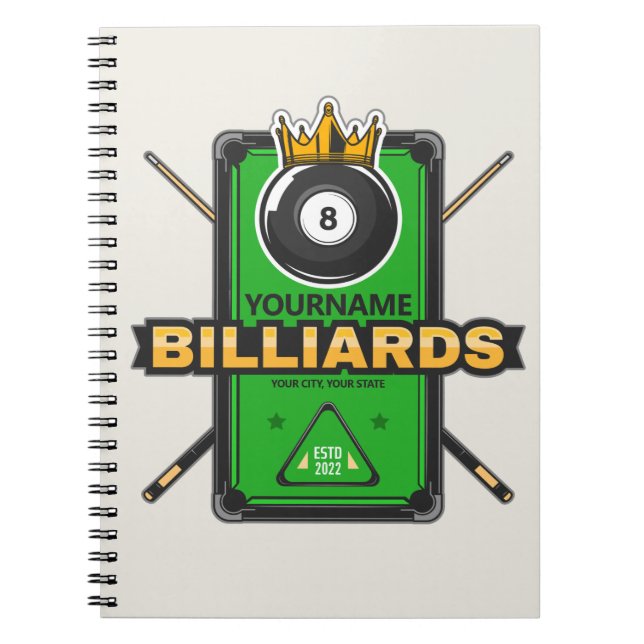 Carnet Salle de billard personnalisée NOM Boule 8 Couronn (Devant)