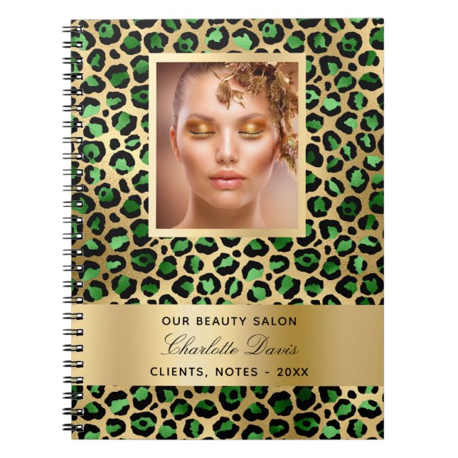 Carnet Salon de beauté léopard or vert émeraude pour entr (Devant)