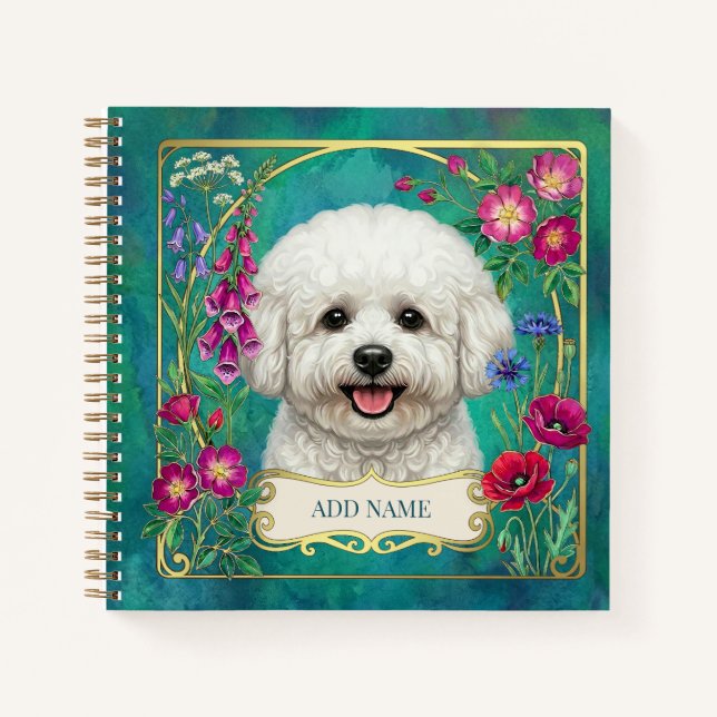 Carnet sarcelle personnalisé Bichon Frise (Devant)