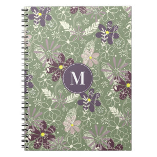 Carnet sauge prune violet plumes lilas fleurs motif