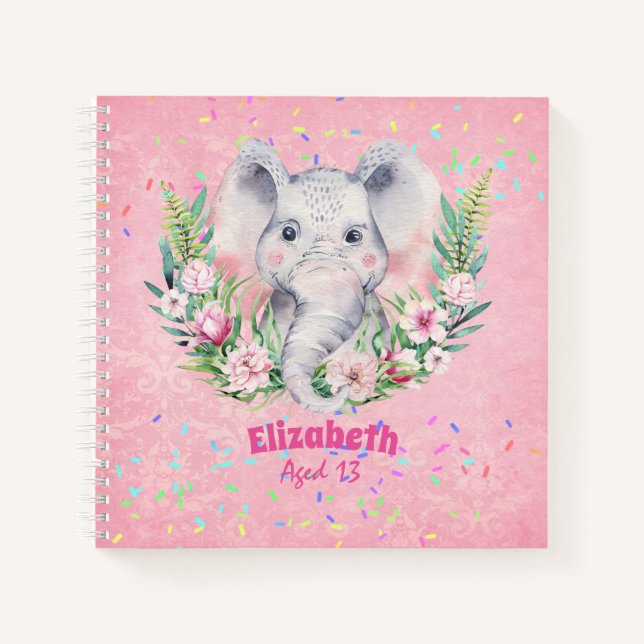 Carnet Saupoudrer Elephant Boho Floral Girls NOMMÉ Cadeau (Devant)