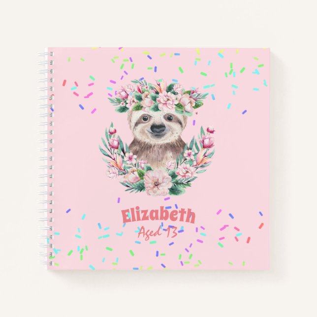 Carnet Saupoudrer SLOTH Boho Girls Pink Flowers Cadeaux m (Devant)