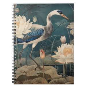 Carnet Scène botanique vintage grue bleue et lotus