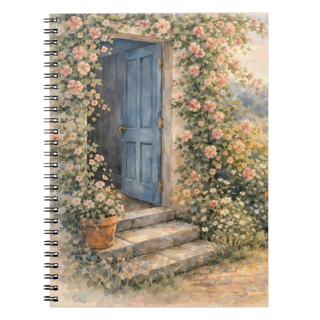 Carnet Scène de chemin fleuri à la porte bleue du jardin  (Devant)