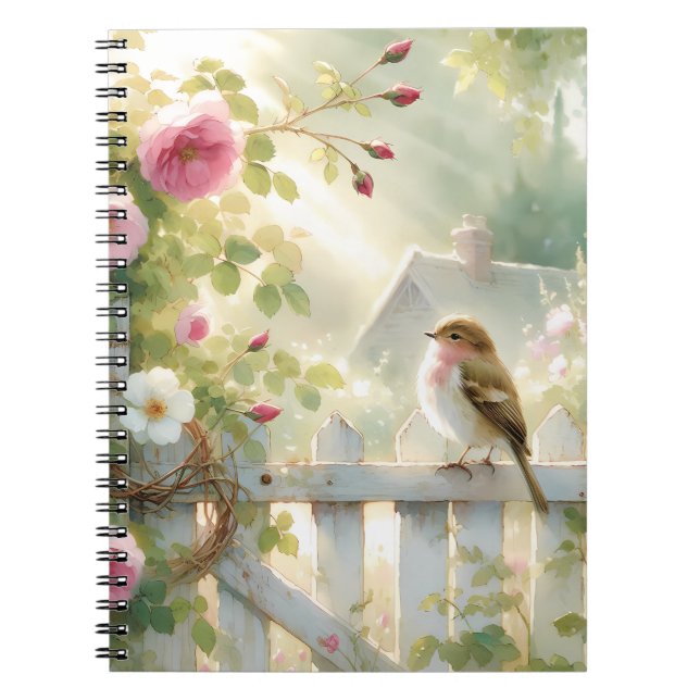 Carnet Scène de jardin de roses à l'aquarelle avec oiseau (Devant)