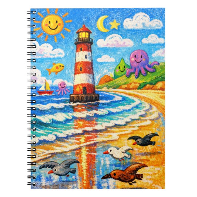 Carnet Scène de plage de phare fantaisiste avec soleil so (Devant)