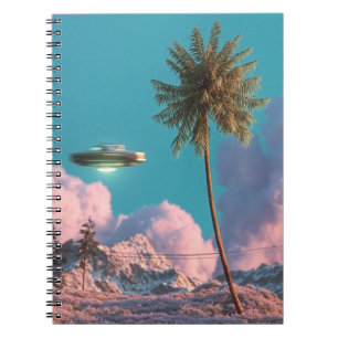 Carnet Scène surréaliste de montagnes avec palmier et OVN