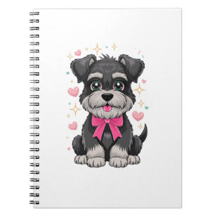Carnet Schnauzer mignon avec ruban rose entouré de coeurs