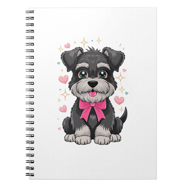 Carnet Schnauzer mignon avec ruban rose entouré de coeurs (Devant)