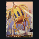 Carnet Science-fiction vintage Invasion de guerre Alien O<br><div class="desc">Image de science-fiction d'aliens et de robots d'illustration vintage montrant une grande pieuvre alien futuriste comme un monstre envahissant une ville et prenant un bus plein de gens. Un design de bande dessinée rétro science fi avec une créature détruisant une métropole du futur et les gens tombent du bus vers...</div>