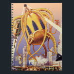 Carnet Science-fiction vintage Invasion de guerre Alien O<br><div class="desc">Image de science-fiction d'aliens et de robots d'illustration vintage montrant une grande pieuvre alien futuriste comme un monstre envahissant une ville et prenant un bus plein de gens. Un design de bande dessinée rétro science fi avec une créature détruisant une métropole du futur et les gens tombent du bus vers...</div>