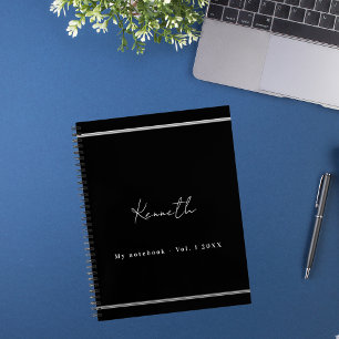 Carnet script de nom argent noir minimaliste