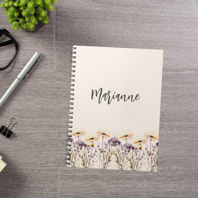 Carnet Script de nom personnalisé beige jaune fleur sauva (Créateur téléchargé)
